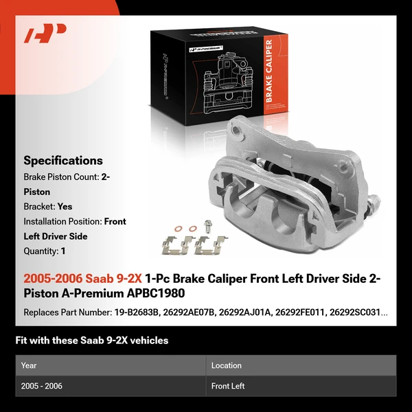 2005-2006 Saab 9-2X 1-Pc Brake Caliper Front Left Driver Side 2-Piston A-Premium APBC1980