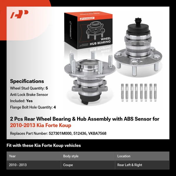 2 Pcs Rear Wheel Bearing & Hub Assembly with ABS Sensor for 2010-2013 Kia Forte Koup