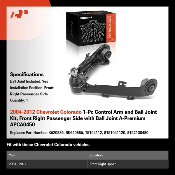 2004-2012 Chevrolet Colorado 1-Pc Control Arm and Ball Joint Kit, Front Right Passenger Side with Ball Joint A-Premium APCA0450