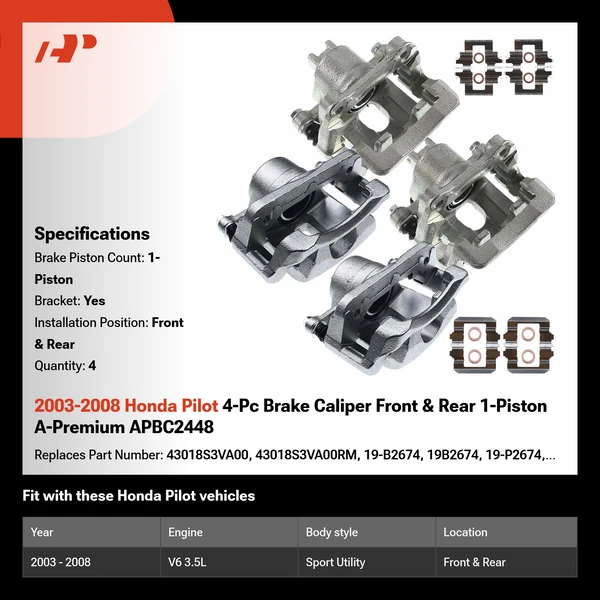 2003-2008 Honda Pilot 4-Pc Brake Caliper Front & Rear 1-Piston A-Premium APBC2448