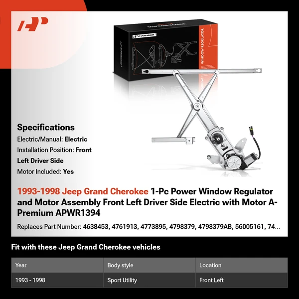 1993-1998 Jeep Grand Cherokee 1-Pc Power Window Regulator and Motor Assembly Front Left Driver Side Electric with Motor A-Premium APWR1394