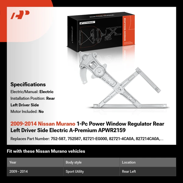 2009-2014 Nissan Murano 1-Pc Power Window Regulator Rear Left Driver Side Electric A-Premium APWR2159