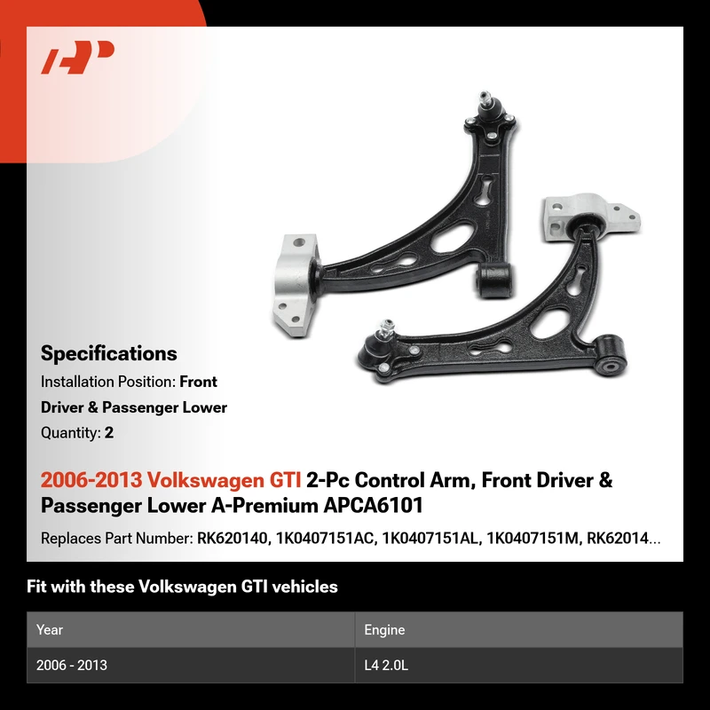 2006-2013 Volkswagen GTI 2-Pc Control Arm, Front Driver & Passenger Lower A-Premium APCA6101