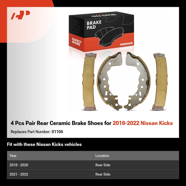 4 Pcs Pair Rear Ceramic Brake Shoes for 2018-2022 Nissan Kicks