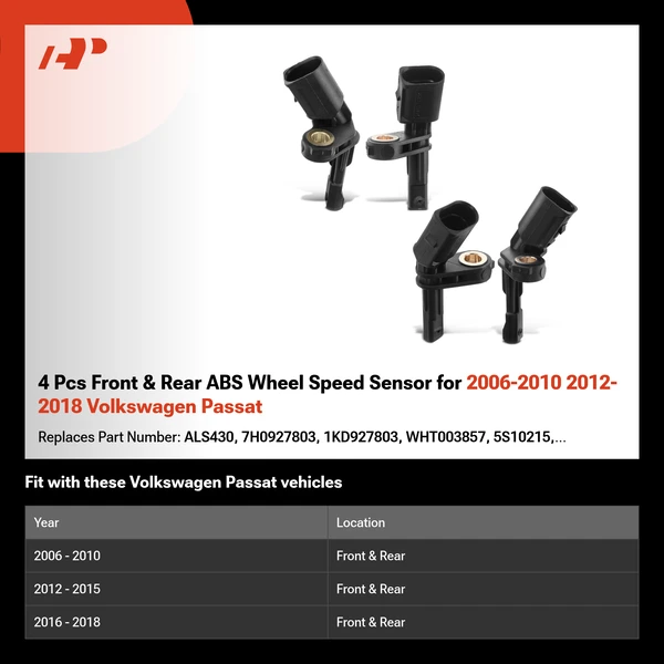 4 Pcs Front & Rear ABS Wheel Speed Sensor for 2006-2010 2012-2018 Volkswagen Passat