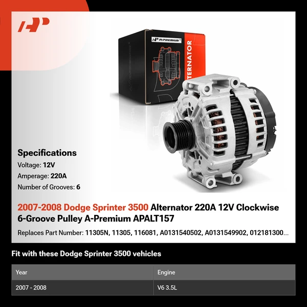 2007-2008 Dodge Sprinter 3500 Alternator 220A 12V Clockwise 6-Groove Pulley A-Premium APALT157