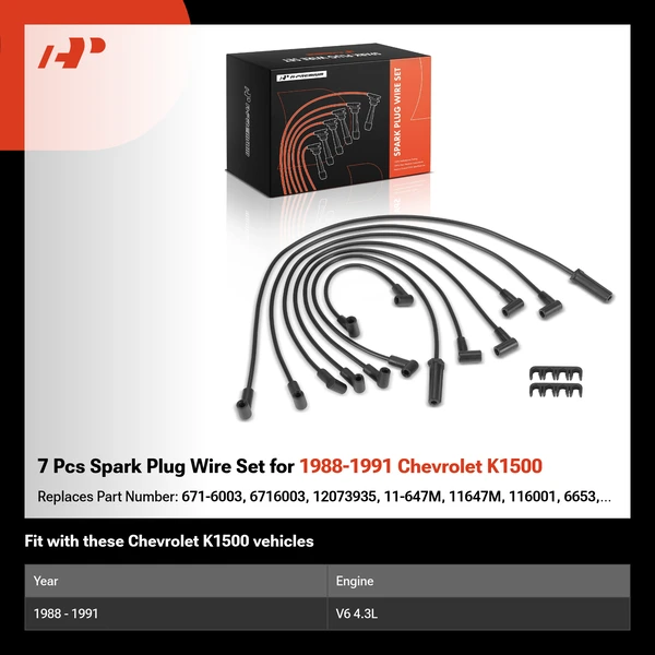 7 Pcs Spark Plug Wire Set for 1988-1991 Chevrolet K1500