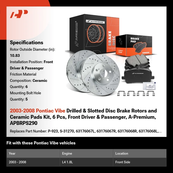 2003-2008 Pontiac Vibe Drilled & Slotted Disc Brake Rotors and Ceramic Pads Kit, 6 Pcs, Front Driver & Passenger, A-Premium, APBRPS290