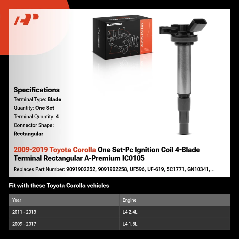 2009-2019 Toyota Corolla One Set-Pc Ignition Coil 4-Blade Terminal Rectangular A-Premium IC0105