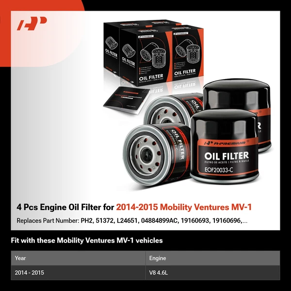 4 Pcs Engine Oil Filter for 2014-2015 Mobility Ventures MV-1