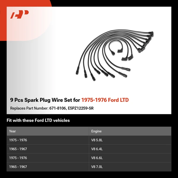 9 Pcs Spark Plug Wire Set for 1975-1976 Ford LTD