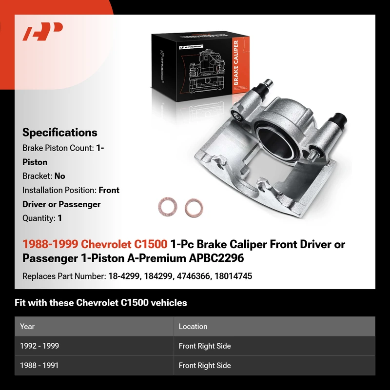 1988-1999 Chevrolet C1500 1-Pc Brake Caliper Front Driver or Passenger 1-Piston A-Premium APBC2296