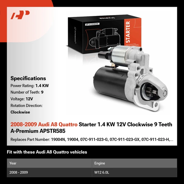 2008-2009 Audi A8 Quattro Starter 1.4 KW 12V Clockwise 9 Teeth A-Premium APSTR585