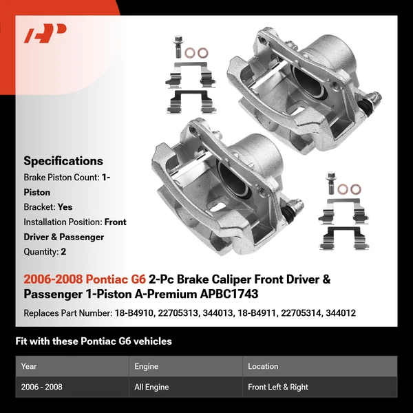 2006-2008 Pontiac G6 2-Pc Brake Caliper Front Driver & Passenger 1-Piston A-Premium APBC1743