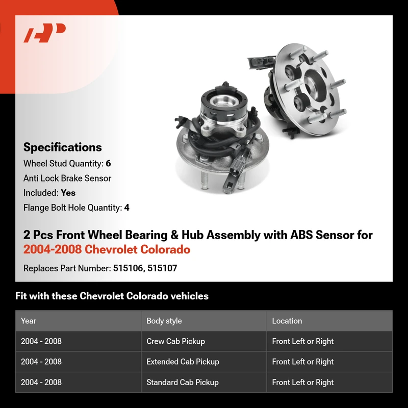 2 Pcs Front Wheel Bearing & Hub Assembly with ABS Sensor for 2004-2008 Chevrolet Colorado