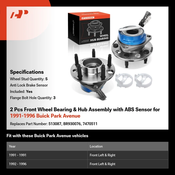 2 Pcs Front Wheel Bearing & Hub Assembly with ABS Sensor for 1991-1996 Buick Park Avenue