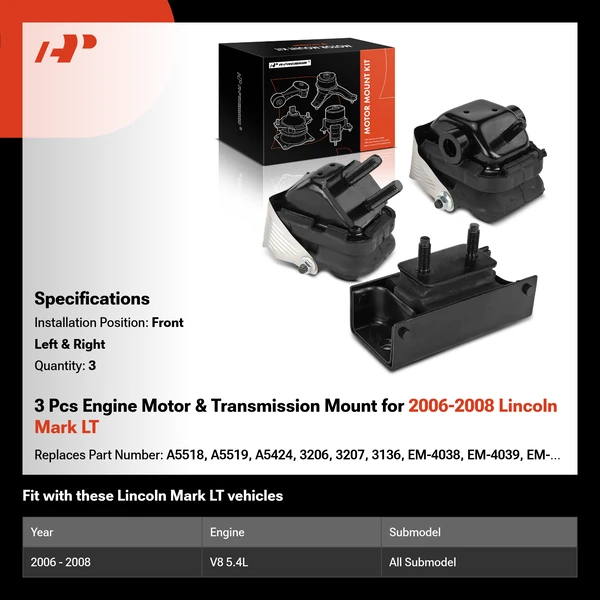 3 Pcs Engine Motor & Transmission Mount for 2006-2008 Lincoln Mark LT