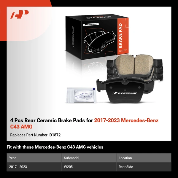 4 Pcs Rear Ceramic Brake Pads for 2017-2023 Mercedes-Benz C43 AMG