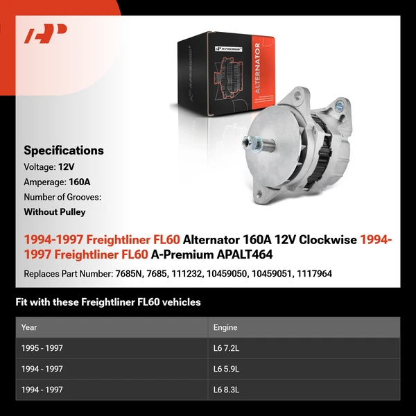 1994-1997 Freightliner FL60 Alternator 160A 12V Clockwise 1994-1997 Freightliner FL60 A-Premium APALT464