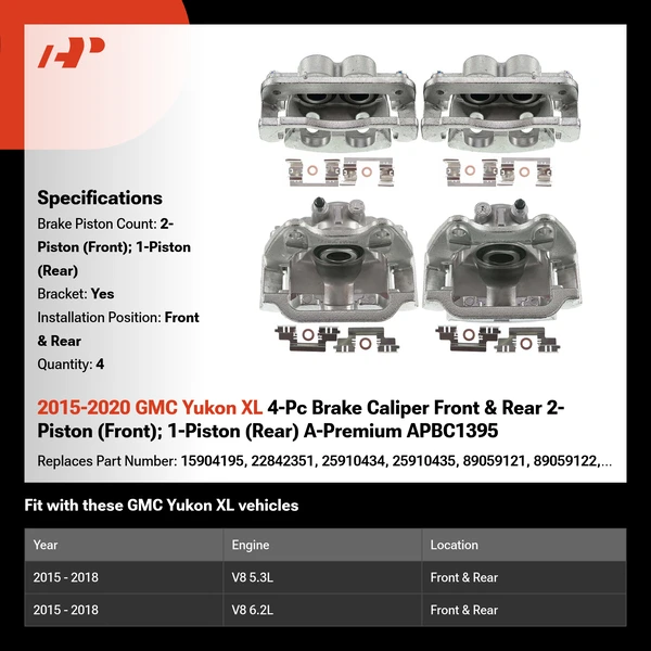 2015-2020 GMC Yukon XL 4-Pc Brake Caliper Front & Rear 2-Piston (Front); 1-Piston (Rear) A-Premium APBC1395