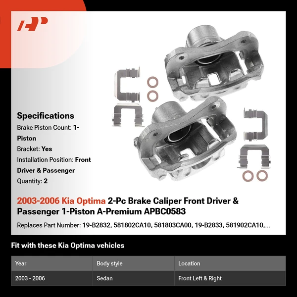 2003-2006 Kia Optima 2-Pc Brake Caliper Front Driver & Passenger 1-Piston A-Premium APBC0583
