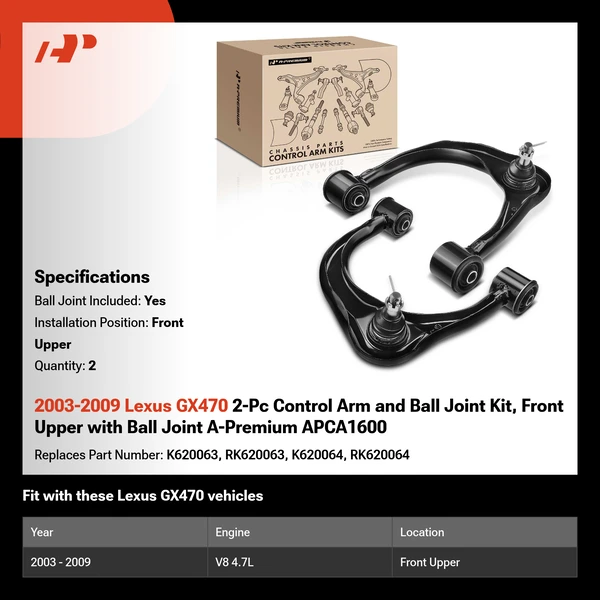 2003-2009 Lexus GX470 2-Pc Control Arm and Ball Joint Kit, Front Upper with Ball Joint A-Premium APCA1600