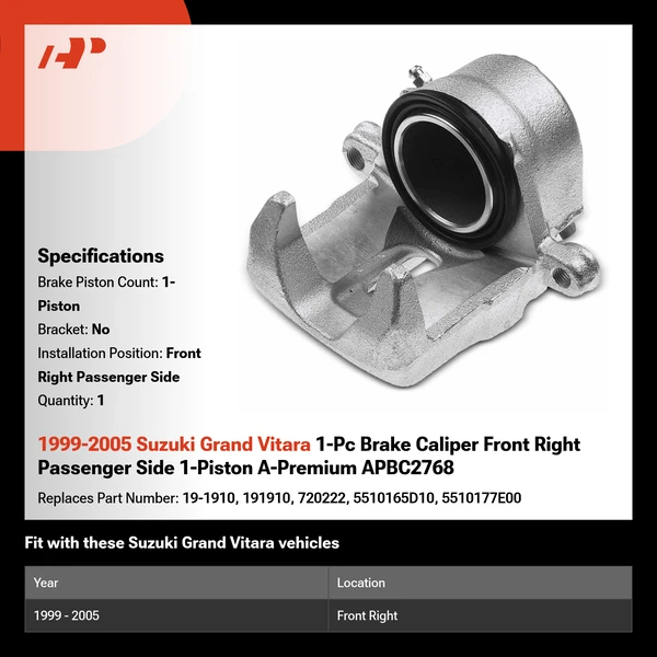1999-2005 Suzuki Grand Vitara 1-Pc Brake Caliper Front Right Passenger Side 1-Piston A-Premium APBC2768