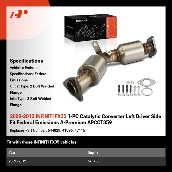 2009-2012 INFINITI FX35 1-PC Catalytic Converter Left Driver Side Fit Federal Emissions A-Premium APCCT359