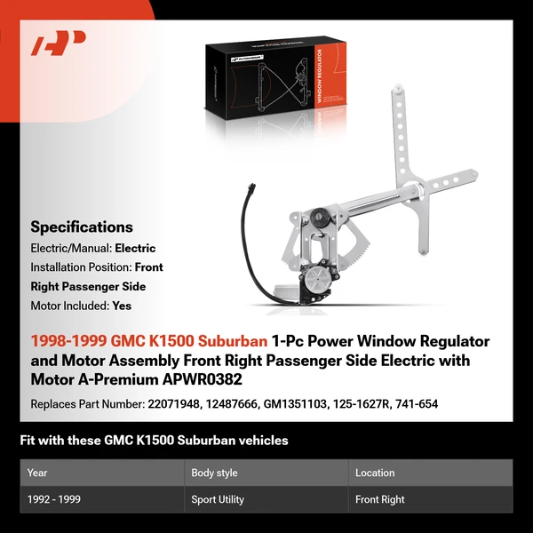 1998-1999 GMC K1500 Suburban 1-Pc Power Window Regulator and Motor Assembly Front Right Passenger Side Electric with Motor A-Premium APWR0382