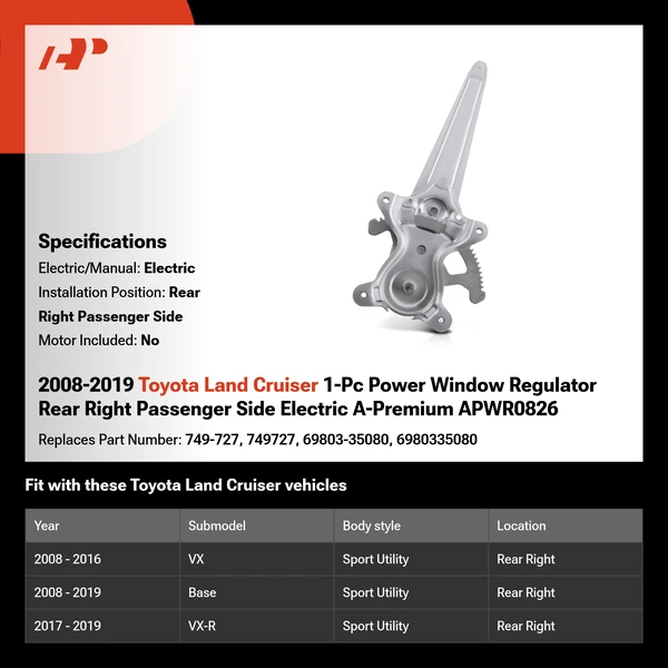 2008-2019 Toyota Land Cruiser 1-Pc Power Window Regulator Rear Right Passenger Side Electric A-Premium APWR0826