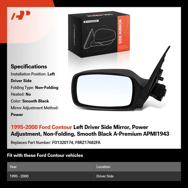 1995-2000 Ford Contour Left Driver Side Mirror, Power Adjustment, Non-Folding, Smooth Black A-Premium APMI1943
