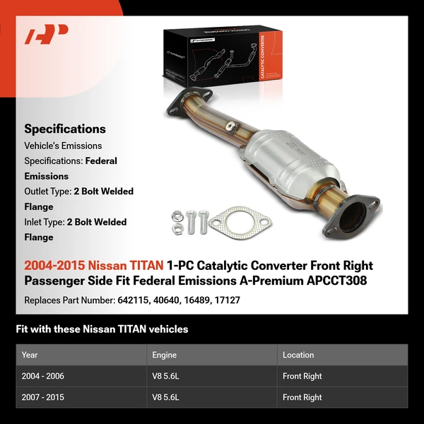 2004-2015 Nissan TITAN 1-PC Catalytic Converter Front Right Passenger Side Fit Federal Emissions A-Premium APCCT308