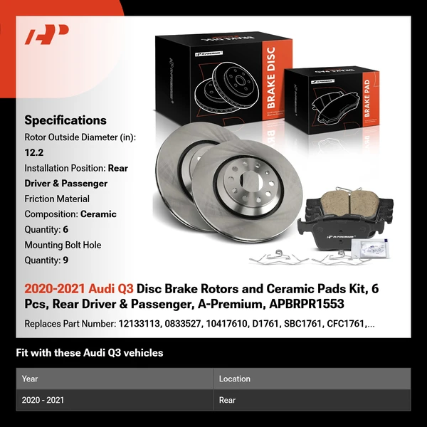 2020-2021 Audi Q3 Disc Brake Rotors and Ceramic Pads Kit, 6 Pcs, Rear Driver & Passenger, A-Premium, APBRPR1553