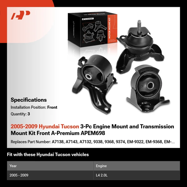 2005-2009 Hyundai Tucson 3-Pc Engine Mount and Transmission Mount Kit Front A-Premium APEM698