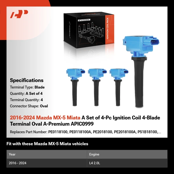 2016-2024 Mazda MX-5 Miata A Set of 4-Pc Ignition Coil 4-Blade Terminal Oval A-Premium APIC0999