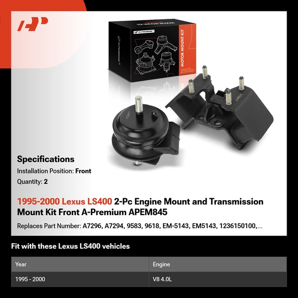 1995-2000 Lexus LS400 2-Pc Engine Mount and Transmission Mount Kit Front A-Premium APEM845