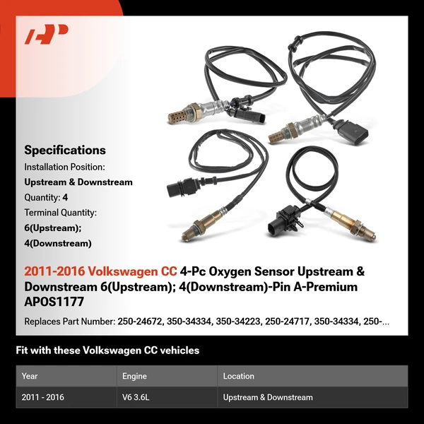 2011-2016 Volkswagen CC 4-Pc Oxygen Sensor Upstream & Downstream 6(Upstream); 4(Downstream)-Pin A-Premium APOS1177