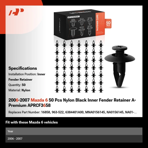 2006-2007 Mazda 6 50 Pcs Nylon Black Inner Fender Retainer A-Premium APRCF3658