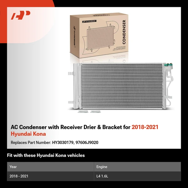 AC Condenser with Receiver Drier & Bracket for 2018-2021 Hyundai Kona