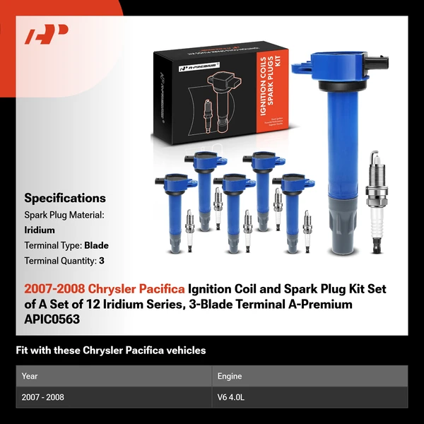 2007-2008 Chrysler Pacifica Ignition Coil and Spark Plug Kit Set of A Set of 12 Iridium Series, 3-Blade Terminal A-Premium APIC0563