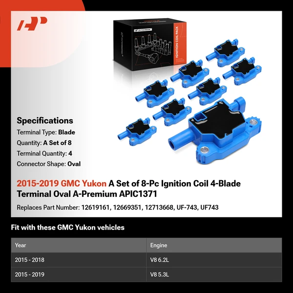 2015-2019 GMC Yukon A Set of 8-Pc Ignition Coil 4-Blade Terminal Oval A-Premium APIC1371