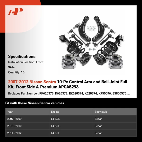 2007-2012 Nissan Sentra 10-Pc Control Arm and Ball Joint Full Kit, Front Side A-Premium APCA5293