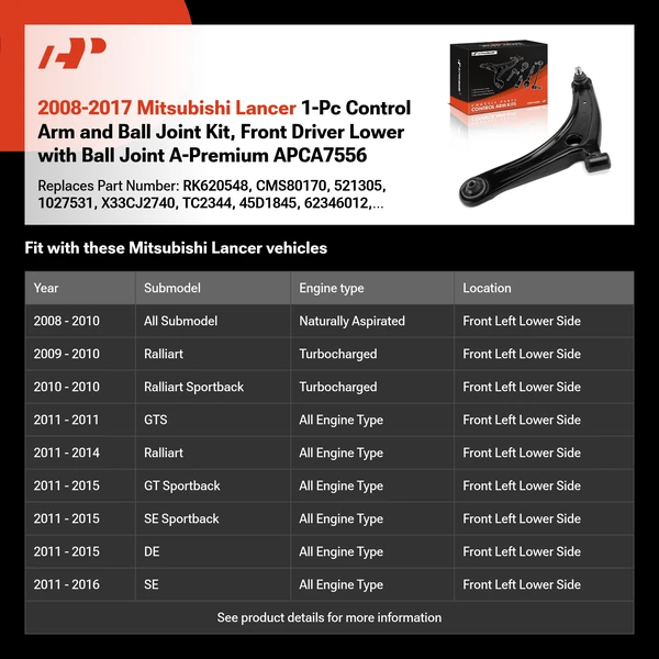 2008-2017 Mitsubishi Lancer 1-Pc Control Arm and Ball Joint Kit, Front Driver Lower with Ball Joint A-Premium APCA7556