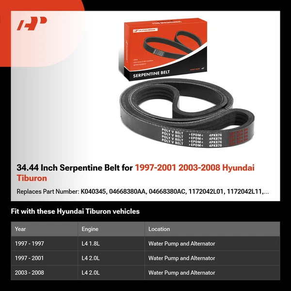 34.44 Inch Serpentine Belt for 1997-2001 2003-2008 Hyundai Tiburon