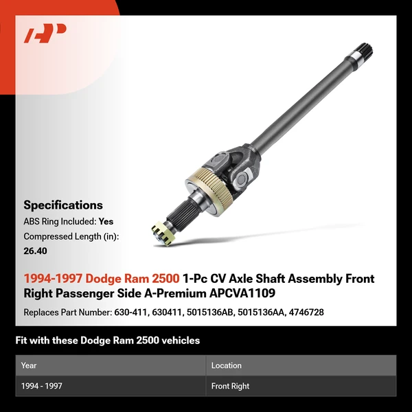 1994-1997 Dodge Ram 2500 1-Pc CV Axle Shaft Assembly Front Right Passenger Side A-Premium APCVA1109