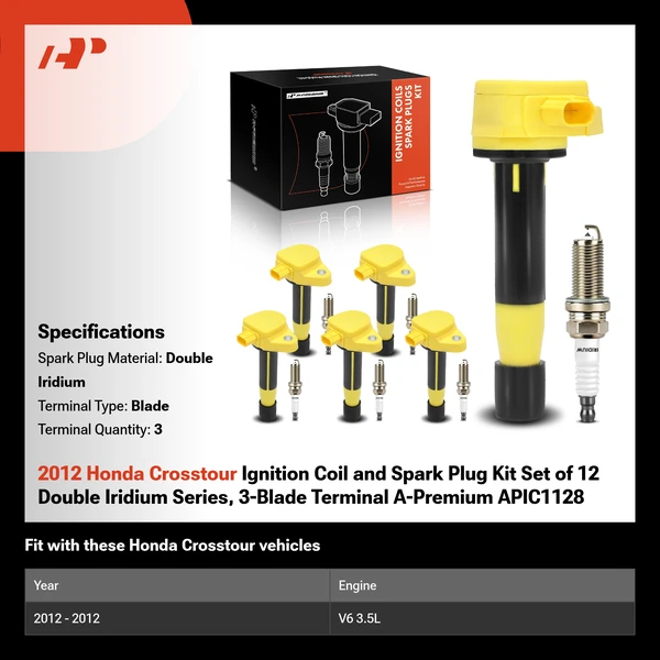 2012 Honda Crosstour Ignition Coil and Spark Plug Kit Set of 12 Double Iridium Series, 3-Blade Terminal A-Premium APIC1128