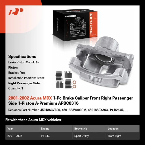 2001-2002 Acura MDX 1-Pc Brake Caliper Front Right Passenger Side 1-Piston A-Premium APBC0316