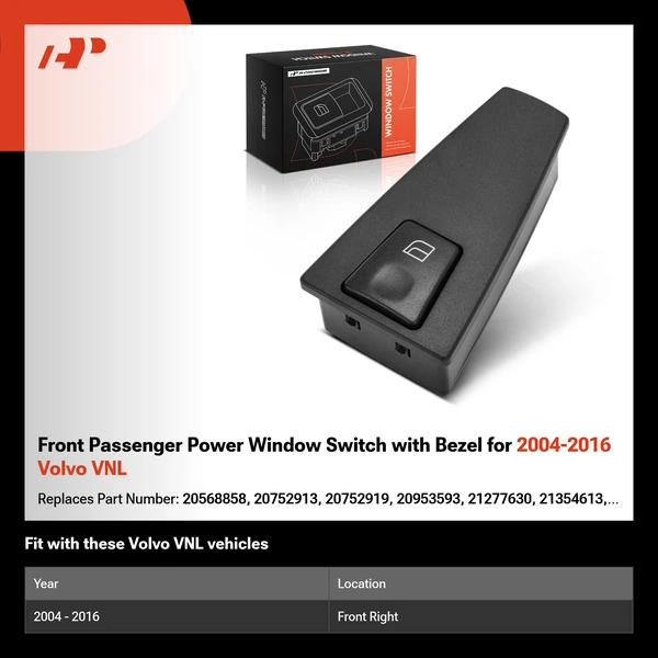 Front Passenger Power Window Switch with Bezel for 2004-2016 Volvo VNL