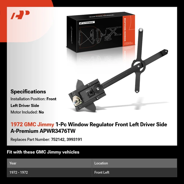 1972 GMC Jimmy 1-Pc Window Regulator Front Left Driver Side A-Premium APWR3476TW