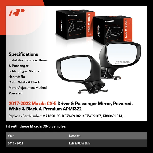 2017-2022 Mazda CX-5 Driver & Passenger Mirror, Powered, White & Black A-Premium APMI322